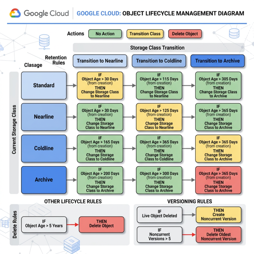 Google Cloud object lifecycle management diagram showing storage class transitions and rules