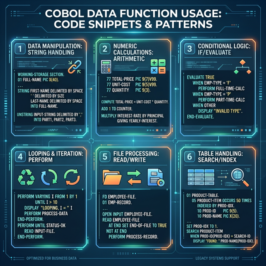 COBOL code snippets showing data manipulation, arithmetic, conditional logic, looping, file processing, and table handling examples