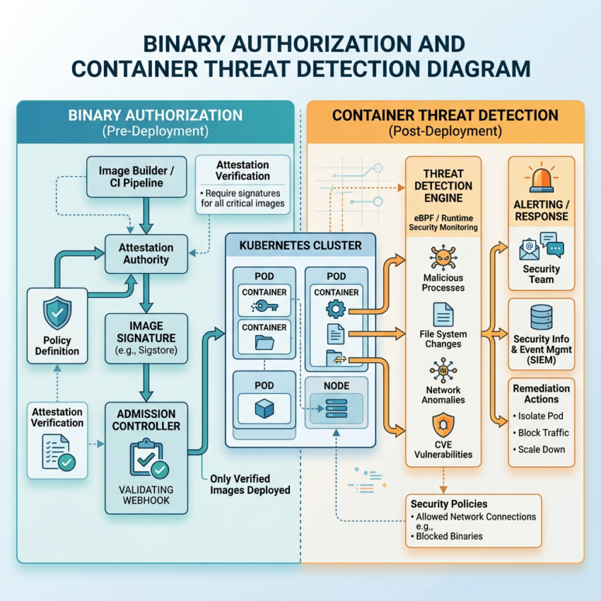 Flowchart showing binary authorization pre-deployment and container threat detection post-deployment processes for Kubernetes clusters