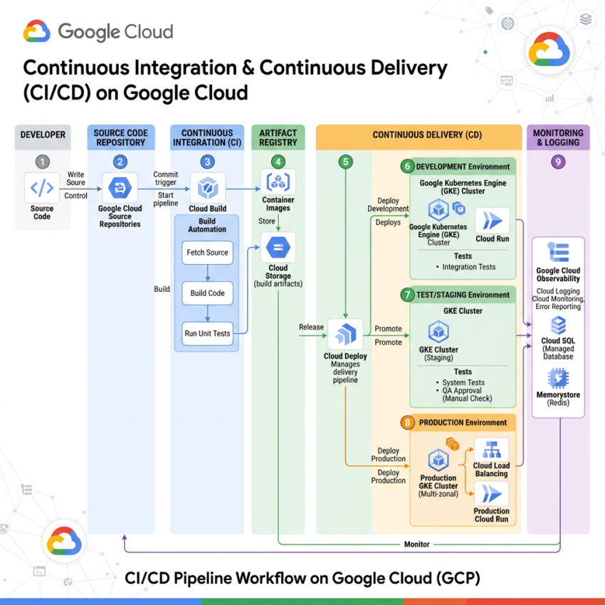 CI/CD pipeline workflow showing developer source code to Google Cloud source repositories, build automation via Cloud Build, artifact storage, continuous delivery with Cloud Deploy to different environments, and monitoring with Google Cloud observability tools.