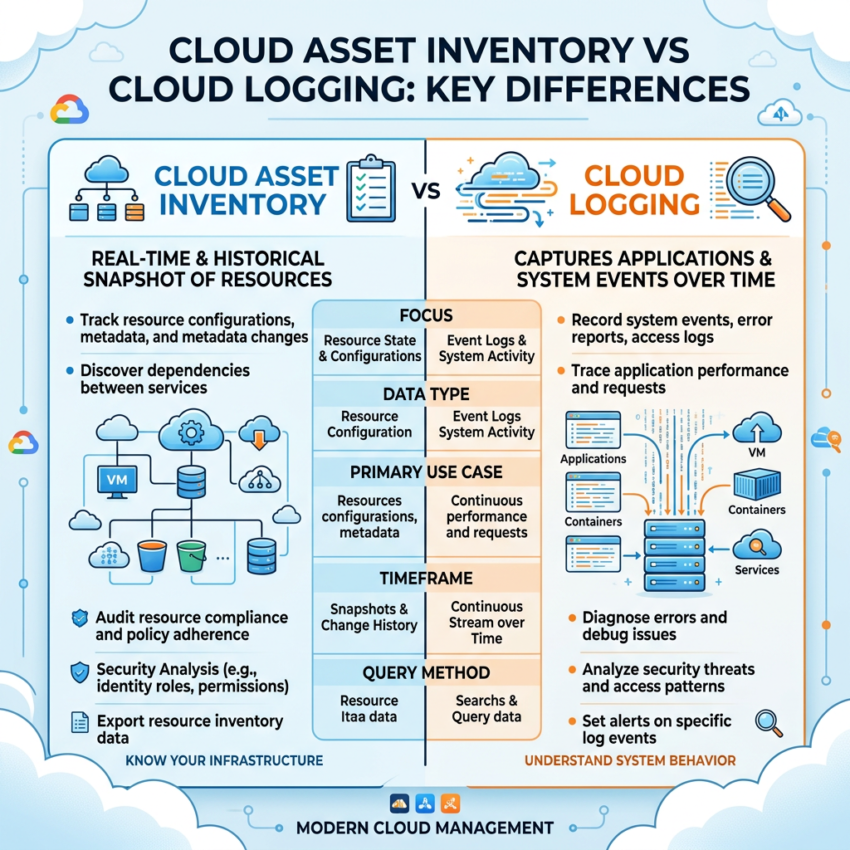 Comparison table highlighting differences between cloud asset inventory and cloud logging in cloud management